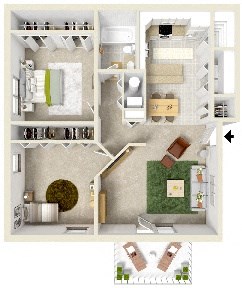 Floor plan for 2 beds, 1 bath, 952 sqft